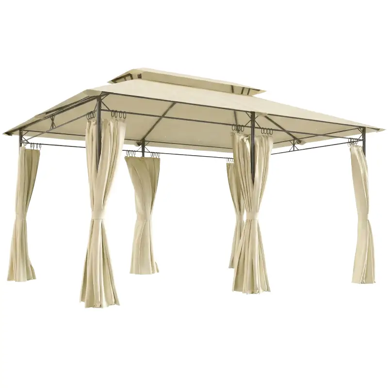 Cenador de Jardín de 4x3 m con Doble Techo Paredes Laterales Resistente al Agua para Exterior Terraza Beige