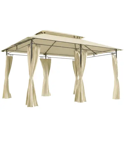 Cenador de Jardín de 4x3 m con Doble Techo Paredes Laterales Resistente al Agua para Exterior Terraza Beige