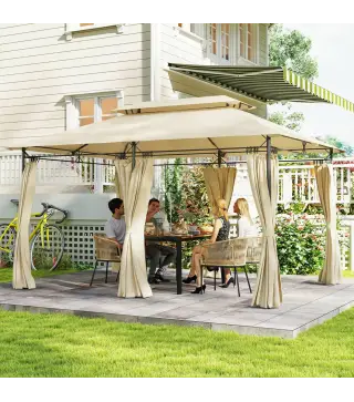 Cenador de Jardín de 4x3 m con Doble Techo Paredes Laterales Resistente al Agua para Exterior Terraza Beige