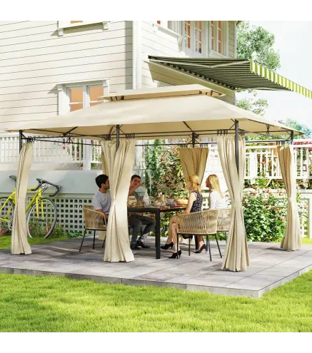 Cenador de Jardín de 4x3 m con Doble Techo Paredes Laterales Resistente al Agua para Exterior Terraza Beige