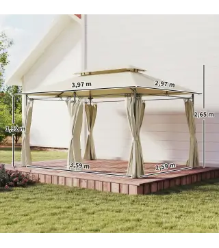 Cenador de Jardín de 4x3 m con Doble Techo Paredes Laterales Resistente al Agua para Exterior Terraza Beige