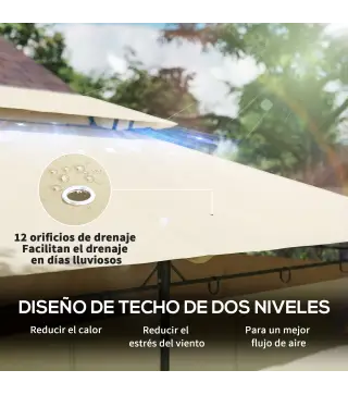 Cenador de Jardín de 4x3 m con Doble Techo Paredes Laterales Resistente al Agua para Exterior Terraza Beige