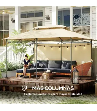 Cenador de Jardín de 4x3 m con Doble Techo Paredes Laterales Resistente al Agua para Exterior Terraza Beige