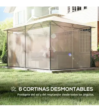 Cenador de Jardín de 4x3 m con Doble Techo Paredes Laterales Resistente al Agua para Exterior Terraza Beige