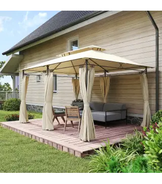 Cenador de Jardín de 4x3 m con Doble Techo Paredes Laterales Resistente al Agua para Exterior Terraza Beige
