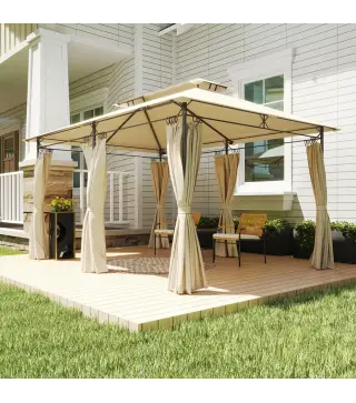 Cenador de Jardín de 4x3 m con Doble Techo Paredes Laterales Resistente al Agua para Exterior Terraza Beige