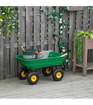 Carro de Jardín Inclinable hasta 75° con Mango Ajustable y 4 Neumáticos Capacidad Max.75 L Acero 109x52x94 cm Verde