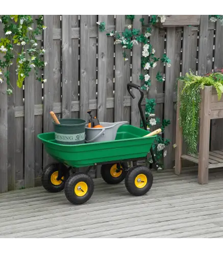 Carro de Jardín Inclinable hasta 75° con Mango Ajustable y 4 Neumáticos Capacidad Max.75 L Acero 109x52x94 cm Verde