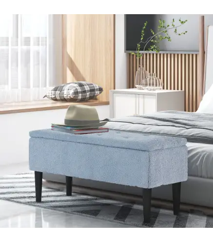 Banco de Pie de Cama Baúl de Almacenaje para Dormitorio con Tapa Abatible y Patas de Madera 95x38x45 cm Azul