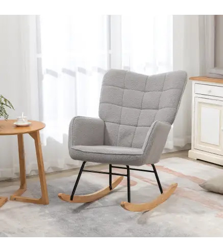 Silla Mecedora de Borreguito Sillón Balancín Oscilante 40° con Patas de Madera de Haya Carga 120 kg 71x98x101 cm Gris