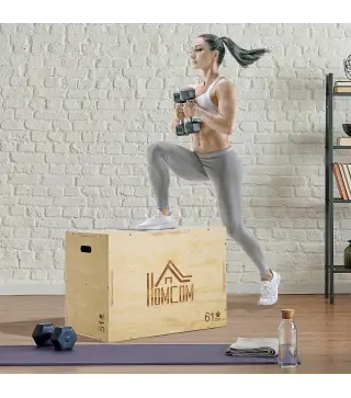 Cajón de Salto de Madera 3 en 1 con 2 Mango Hueco Carga 120 kg para Casa Oficina Gimnasia 61x51x76 cm Madera Natural