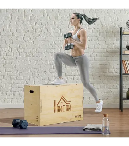 Cajón de Salto de Madera 3 en 1 con 2 Mango Hueco Carga 120 kg para Casa Oficina Gimnasia 61x51x76 cm Madera Natural