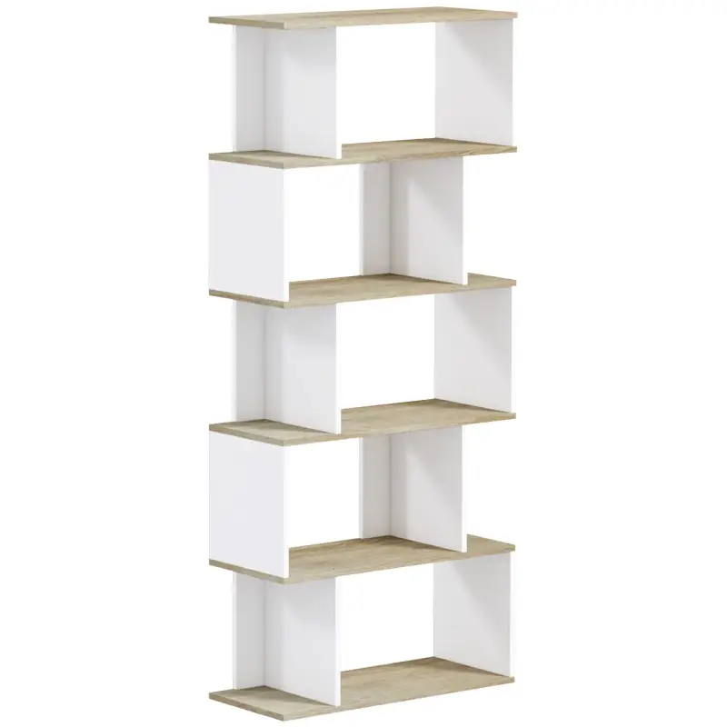Estantería Estilo Nórdico Librería con 5 Estantes Antivuelco Carga 25 kg 70x29,5x163 cm Roble y Blanco
