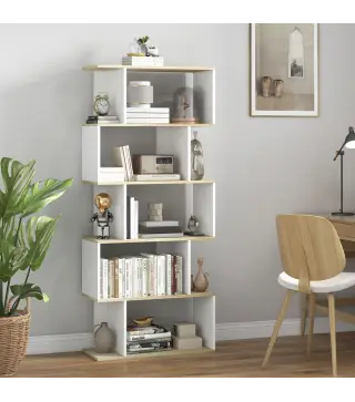 Estantería Estilo Nórdico Librería con 5 Estantes Antivuelco Carga 25 kg 70x29,5x163 cm Roble y Blanco