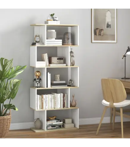 Estantería Estilo Nórdico Librería con 5 Estantes Antivuelco Carga 25 kg 70x29,5x163 cm Roble y Blanco