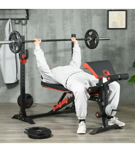 Banco de Musculación Multifuncional con Respaldo Reclinable y Soporte de Barras Altura Ajustable 180x110x126 cm Negro