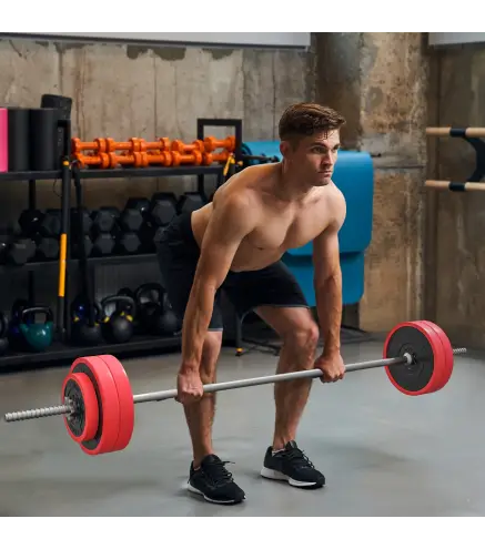 Set de Musculación con 1 Barra y 6 Discos Barra de Pesas 30 kg con Mancuernas para Entrenamiento 170x26x26 cm Rojo