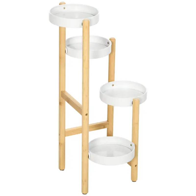 Soporte para Plantas con Patas de Bambú y 4 Estantes Metálicos Redondos Carga 20 kg Ø28x80 cm Natural y Blanco