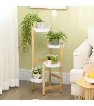 Soporte para Plantas con Patas de Bambú y 4 Estantes Metálicos Redondos Carga 20 kg Ø28x80 cm Natural y Blanco