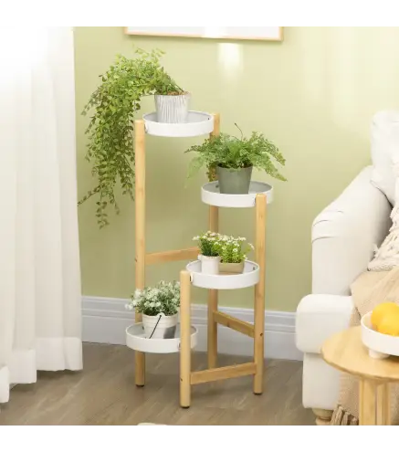 Soporte para Plantas con Patas de Bambú y 4 Estantes Metálicos Redondos Carga 20 kg Ø28x80 cm Natural y Blanco