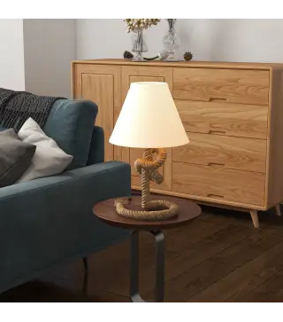 Lámpara de Mesa LED con Base de Metal Cuerda de Lino y Pantalla de Tela Max.40W Ø28x45,5 cm Marrón y Beige