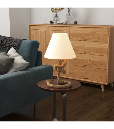 Lámpara de Mesa LED con Base de Metal Cuerda de Lino y Pantalla de Tela Max.40W Ø28x45,5 cm Marrón y Beige