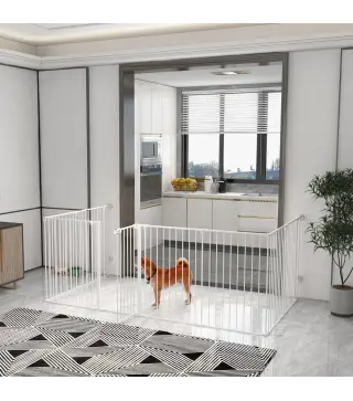 Corralito para Mascotas de 8 Paneles 64x90 cm con Doble Cerradura Función de Bloqueo Auxiliar y Forma Bricolaje Blanco