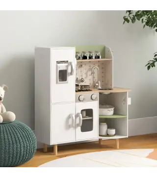 Cocinita de Juguete Infantil de Madera con Máquina de Hielo Fregadero Móvil y Utensilios de Cocina 84x34x89 cm Blanco