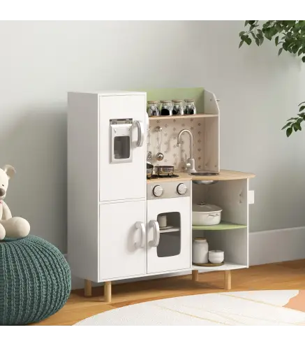Cocinita de Juguete Infantil de Madera con Máquina de Hielo Fregadero Móvil y Utensilios de Cocina 84x34x89 cm Blanco