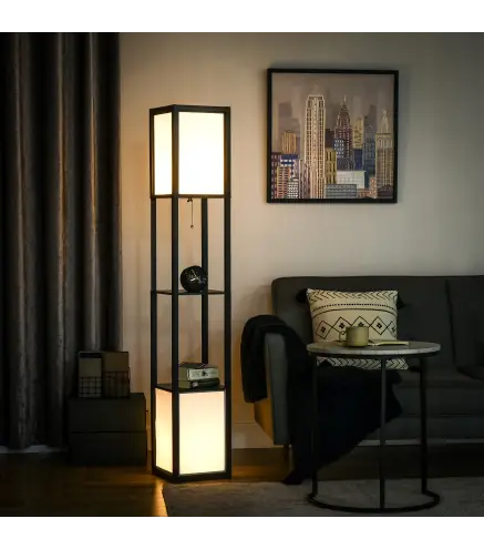 Lámpara de Pie de Madera con Estante para Bombilla E27 Potencia Máx. 40W Lámpara Moderna 26x26x156 cm Negro y Blanco