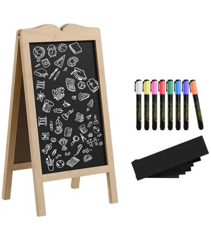 Pizarra Caballete Doble con Marco de Madera Plegable con 8 Tizas Líquidas y 6 Plantillas 51x42x101 cm Natural