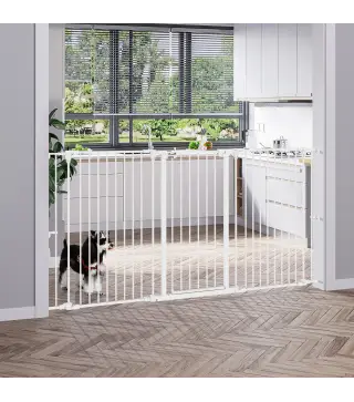 Valla para Mascotas de Acero Plegable con 3 Paneles Doble Cerradura y Función de Bloqueo Auxiliar 206x90 cm Blanco
