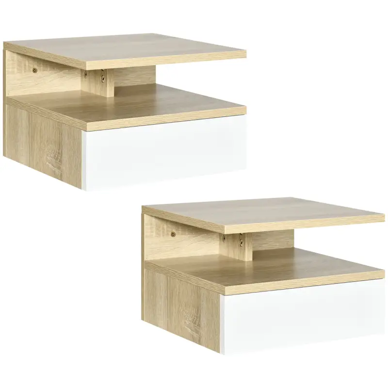 Set de 2 Mesitas de Noche Flotantes con 1 Cajón y Estante Abierto Diseño Moderno Montado en la Pared 35x32x22,5 cm Roble