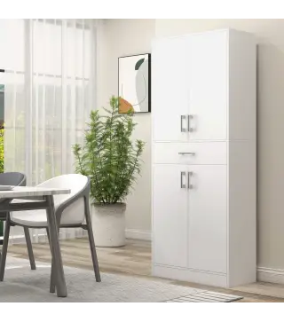 Alacena de Cocina con 4 Puertas 1 Cajón y Estantes Ajustables Antivuelco para Comedor Salón 70,8x34x180cm Blanco y Plata