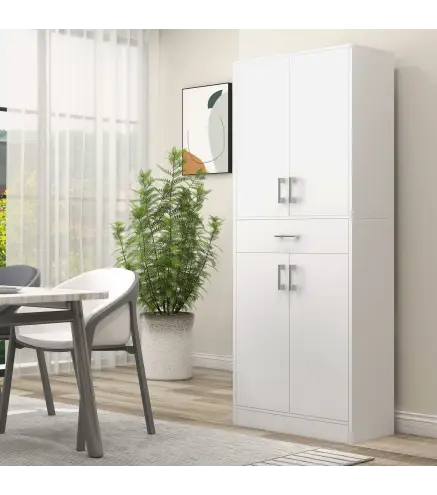 Alacena de Cocina con 4 Puertas 1 Cajón y Estantes Ajustables Antivuelco para Comedor Salón 70,8x34x180cm Blanco y Plata