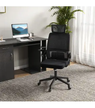 Silla de Oficina de Malla Silla de Escritorio Giratoria Altura y Reposacabezas Ajustable 60x61x104,5-121,5 cm Negro