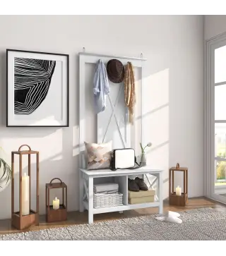 Perchero con Zapatero de Madera con 2 Estantes y 3 Ganchos para Colgar Ropas Bolsos 80,5x40x168 cm Blanco