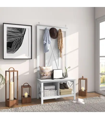 Perchero con Zapatero de Madera con 2 Estantes y 3 Ganchos para Colgar Ropas Bolsos 80,5x40x168 cm Blanco