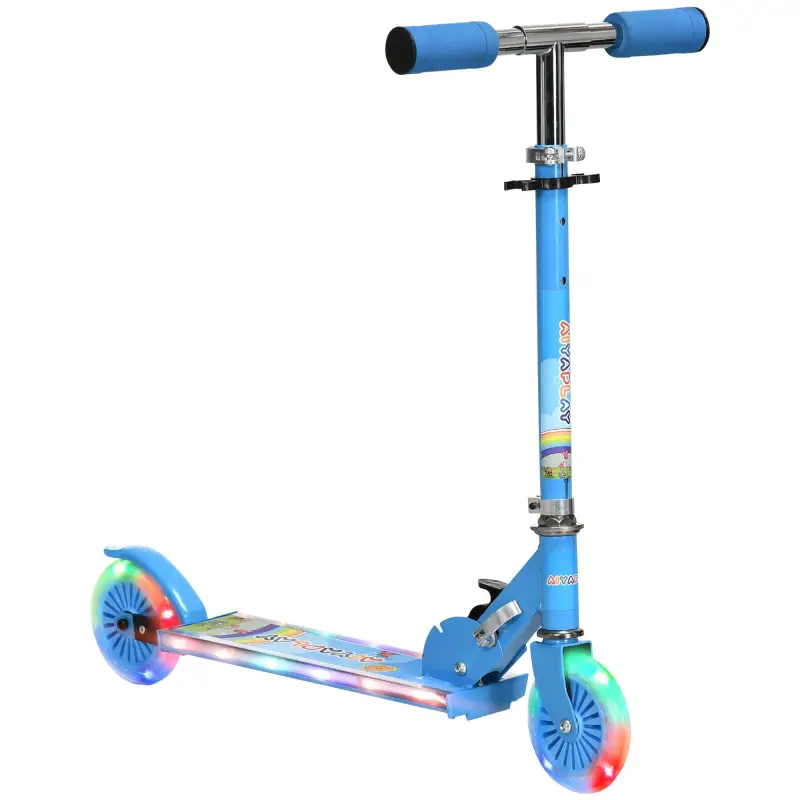 Patinete Infantil Plegable con Luces Música Altura Ajustable Ruedas Brillantes Pedal LED Carga 50kg 67x32x65-78 cm Azul