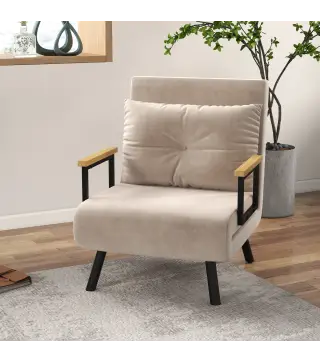 Sofá Cama Individual Plegable Silla Cama Convertible 4 en 1 Respaldo Ajustable de 5 Niveles y Almohada 63x73x81 cm Beige
