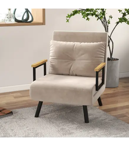 Sofá Cama Individual Plegable Silla Cama Convertible 4 en 1 Respaldo Ajustable de 5 Niveles y Almohada 63x73x81 cm Beige