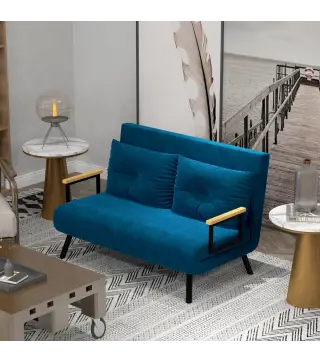 Sofá Cama Convertible 4 en 1 Sillón Cama 2 Plazas Plegable Respaldo Ajustable de 5 Niveles Almohadas 102x73x81 cm Azul