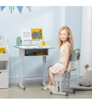 Juego de Escritorio y Silla Infantil de +6 Anos Altura Ajustable con 1 Cajon y Estante para Libros 60x45x90-102 cm Gris