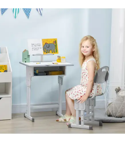 Juego de Escritorio y Silla Infantil de +6 Años Altura Ajustable con 1 Cajón y Estante para Libros 60x45x90-102 cm Gris