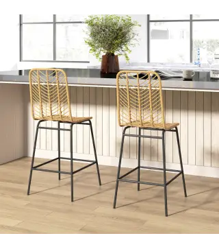 Taburetes Altos de Cocina Juego de 2 con Asiento de Ratán Sintético Taburetes de Bar con Patas de Acero 42,5x52x102 cm Natural
