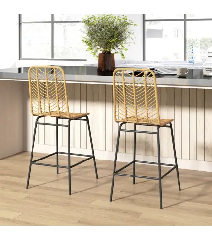 Taburetes Altos de Cocina Juego de 2 con Asiento de Ratán Sintético Taburetes de Bar con Patas de Acero 42,5x52x102 cm Natural