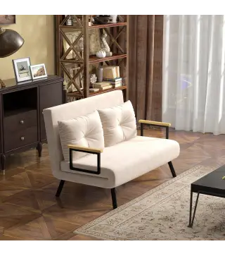 Sofá Cama Convertible 4 en 1 Sillón Cama 2 Plazas Plegable Respaldo Ajustable de 5 Niveles Almohadas 102x73x81cm Beige