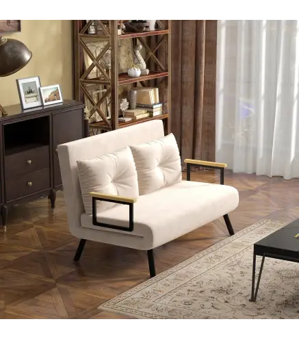 Sofá Cama Convertible 4 en 1 Sillón Cama 2 Plazas Plegable Respaldo Ajustable de 5 Niveles Almohadas 102x73x81cm Beige