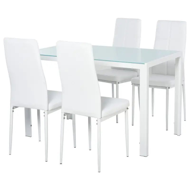 Conjunto de Comedor de Mesa y 4 Sillas 5 Piezas Mesa Rectangular de Vidrio Templado y Sillas Tapizadas en PU Blanco