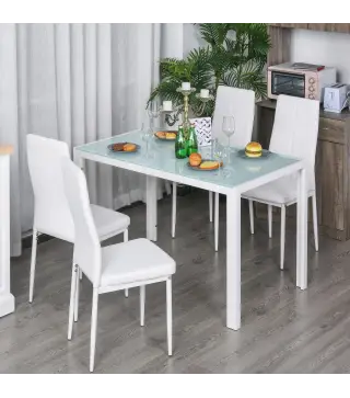 Conjunto de Comedor de Mesa y 4 Sillas 5 Piezas Mesa Rectangular de Vidrio Templado y Sillas Tapizadas en PU Blanco